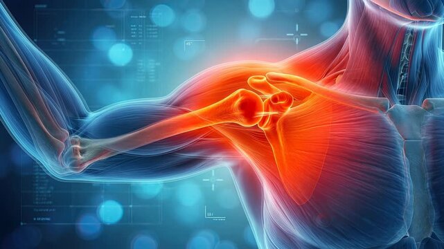 Medical animation of inner shoulder joint pain. Red glow on the glenohumeral area with a futuristic interface and soft bokeh light background.