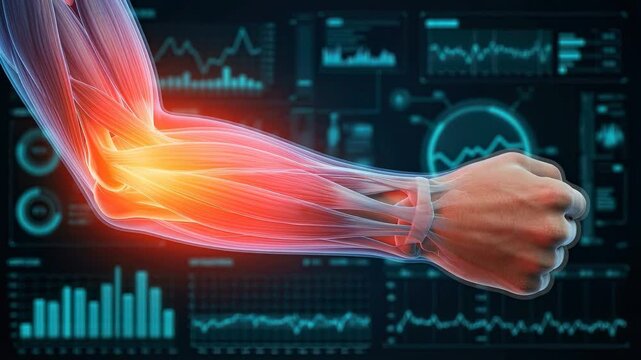 Anatomical visualization of forearm and elbow pain. Red glowing highlight on muscles and tendons with a complex digital medical dashboard.