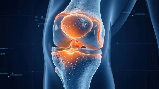 Detailed medical animation of knee joint and ligament pain. Red glow indicates inflammation in the patella and cruciate ligaments.