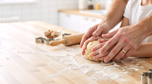 Adult and child hands kneading dough on a wooden kitchen table. Family baking together at home. Cooking and teamwork concept