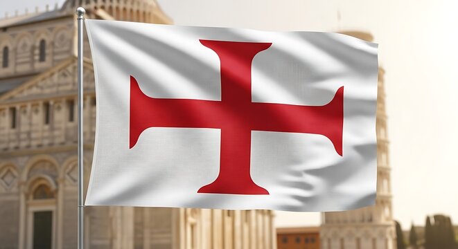 White flag with a red cross flies against a historic architectural backdrop.