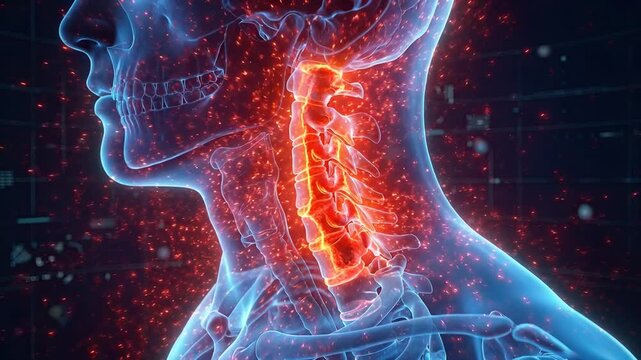 Medical animation of intense neck pain with particle effects. Red glowing cervical spine vertebrae indicating severe inflammation or nerve pain.