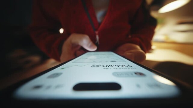 Close-up wide angle male hand holding smartphone. Man using mobile phone at home. Financial app showing portfolio growth and rising chart. Camera locked at device screen, rotating parallax effect