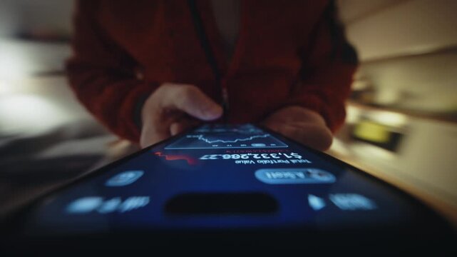 Close-up wide angle male hand holding smartphone. Man using phone at home. Financial app showing declining portfolio value and falling charts. Camera locked at device screen, rotating parallax effect