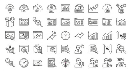 Collection of various business and technology icons representing data analysis and management in a modern setting