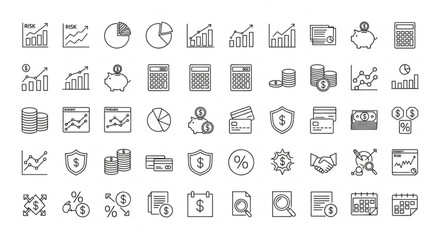Fototapeta premium Collection of various business and finance icons displayed on a clean white background, representing data analysis, security, and financial growth.