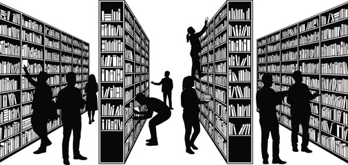 Library interior with bookshelves and people reading searching and studying silhouettes isolated black vector illustration on white background © World_Of_Vector
