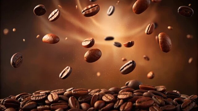 Falling Coffee Beans in Motion with Warm Brown Background