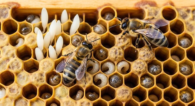 Two bees on honeycomb with larvae and pupae inside cells.