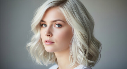 Naklejka premium Portrait of a young woman with a wavy platinum blonde bob. Icy blonde hairstyle and blue eyes. Beauty headshot