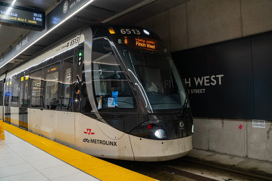 View of Line 6 Finch West Line train at platform. Toronto, Canada - February 16, 2026.