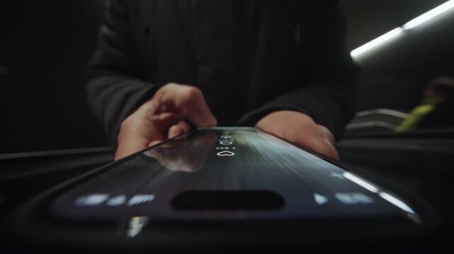 Wide angle male hand holding smartphone, swiping finger. Man scrolling social media feed on phone screen walking outdoors in the street. Camera locked extremely close to device, motion background