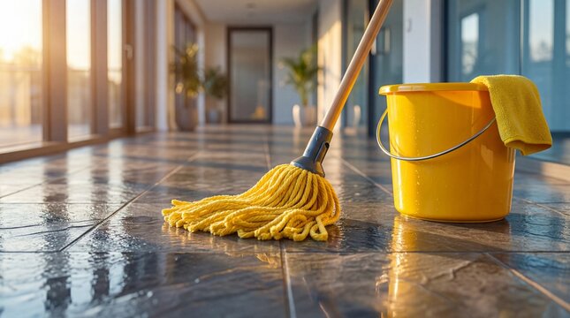日差しが差し込むモダンな廊下で濡れた床を掃除するモップと黄色いバケツ