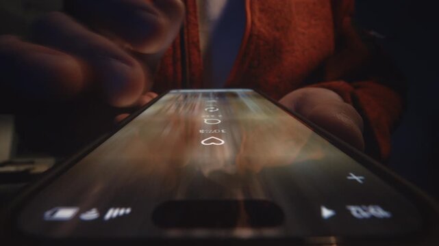 Extreme close-up male finger scrolling smartphone screen in deep darkness at night. Swiping finger, motion blur on phone screen. Evening online browsing, digital content consumption