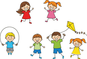 Colorful flat vector illustration set of happy cartoon children playing outdoors including jumping rope flying a kite and running for childhood education branding
