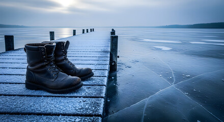 Worn boots resting on a dock by a calm, reflective body of water at dusk