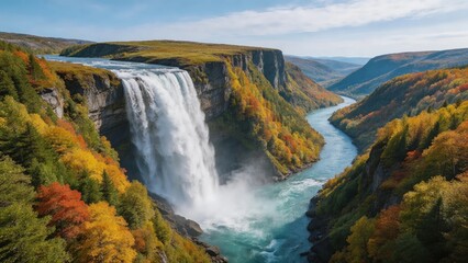 Obraz premium Majestic Autumn Waterfall in Mountain Canyon with Turquoise River