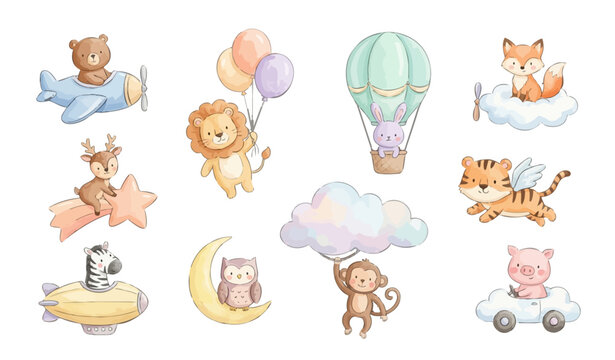 Cute nursery sky clipart set with clouds, moon owl, zebra rocket, pig car, monkey. Collection of Vector illustrations. Perfect for invitation, card, poster, banner, decoration