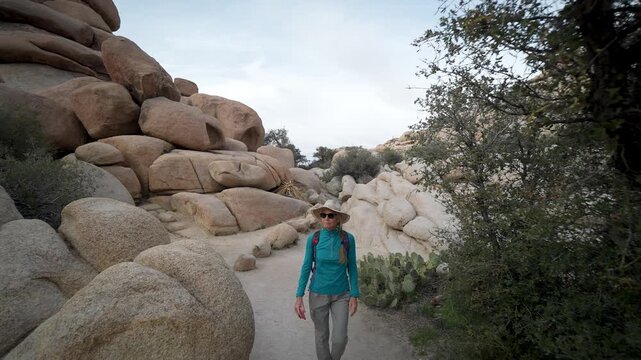 Mature woman explores Joshua Tree National Park, climbing rocks and enjoying the cholla cactus and other plants in the desert.