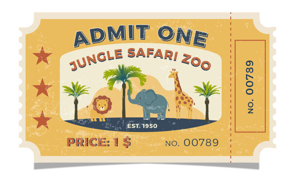Retro Vintage Zoo Admission Ticket Vector Illustration with Lion, Elephant, and Giraffe; 