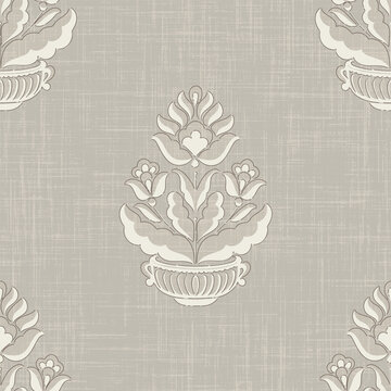 Cute floral seamless pattern on linen texture. Flower vector illustration background. Print in rustic vintage style, textile or wallpapers.