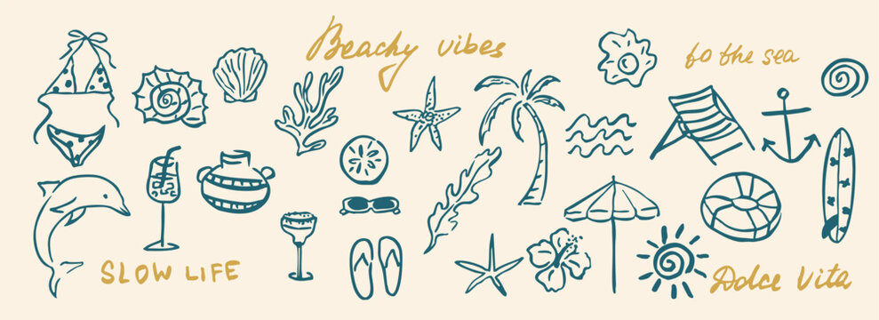 Doodle retro summer beach vacation elements