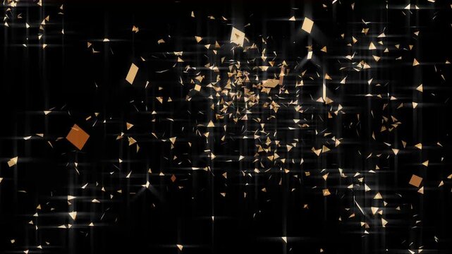 Golden festive confetti blast explosion on black screen background, elegant slow motion glitter particles perfect for congratulation message and event intro animations, 4K