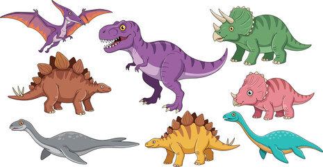 Cute Dinosaur Illustration Set with Tyrannosaurus Triceratops Stegosaurus Pterodactyl and Other Prehistoric Animals for Kids Education and Cartoon Design © Sanjida