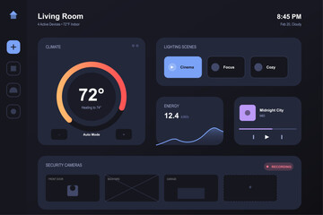 Living Room Smart Home Dashboard with Temperature Ring Energy Reading Scene Toggle Buttons and Dark Blue Background IoT Home Control UI Vector