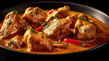 Delicious and Flavorful Chicken Curry with Spices, Herbs, Red Peppers in a Rich Sauce Served in a Dark Bowl on a Black Background
