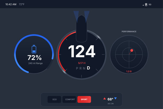 Dark Automotive HUD Dashboard with Circular Gauge Speedometer Radar Arc and Red Alert Indicator on Black Background Racing Instrument UI Vector