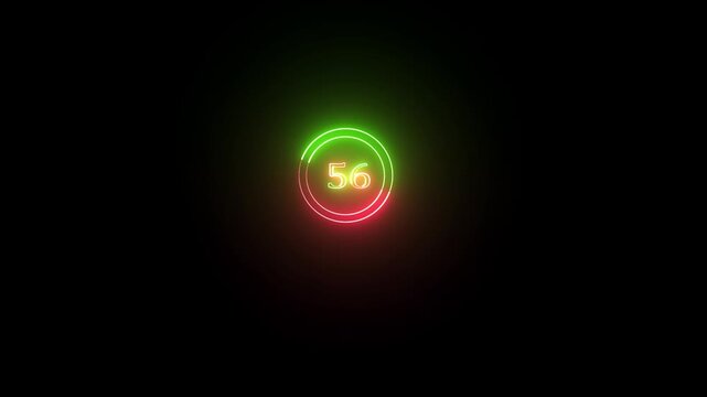 Abstract red and green glowing neon text  number 56 countdown icon. Educational mathematics  animation on black background.