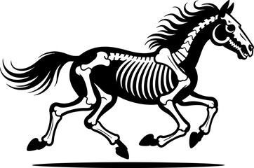 Obraz premium Black and white horse skeleton with visible bones and running posture