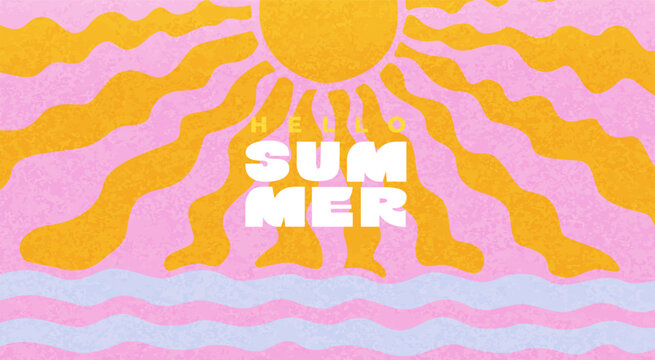 Greeting summer with hello on groovy sun background and wavy sea.Happy summer textured theme.Bright hippie positive vibes design.Template for sales, posters, covers, social media, fashion, ads. Vector