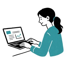 Ilustración duotono de mujer joven trabajando en su laptop, versión teletrabajo 2026