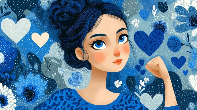 Empowered Woman with Blue Floral Heart Background image (220