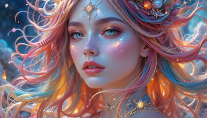 Naklejka premium Surreal fantasy character with rainbow hair, glowing skin details, dreamy illustration artwork background scene