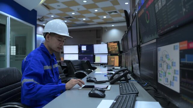 Engineer computer working at control room,Manager control system,Technician man monitoring program from a lot of monitor