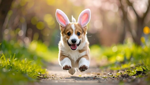 Corgi puppy joyfully runs with bunny ears in a sunny park.