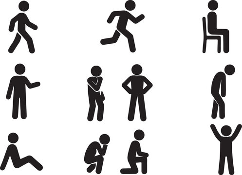 Set of stick figure icons showing people in various poses like walking running sitting and standing