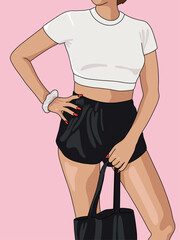 Vector Illustration of a Woman in White T-shirt and Black Shorts Holding a Black Tote Bag against Pink Background