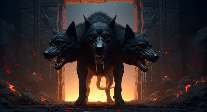 Fierce three-headed dog standing in ancient ruins