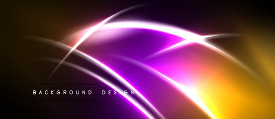 Obraz premium Abstract neon lines create vibrant, flowing curves. Warm colors blend into cool purple hues. Background text reads background design.