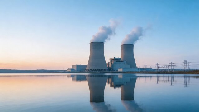 Nuclear power plant with cooling towers and water reflection at sunrise, idea for clean energy production, electricity generation, industrial infrastructure, and sustainable power technology