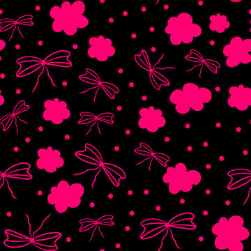 Coquette Bows Background, Seamless pattern featuring pink bows, flowers and dots on a black background for fabric and wallpaper designs