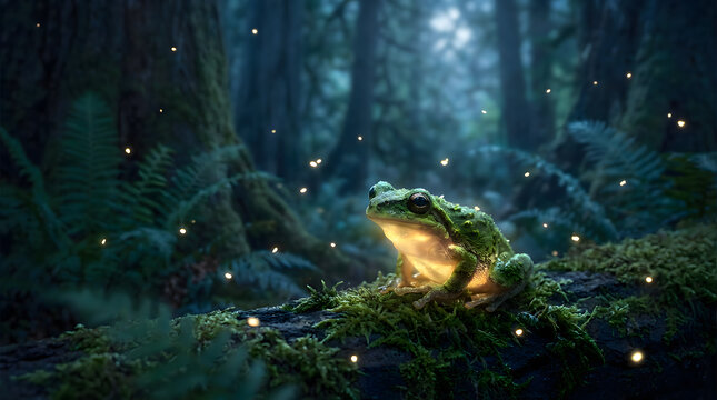 Charming Green Frog with Glowing Orange Chest Sitting in a Dark Enchanted Forest with Fireflies