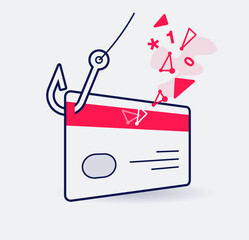 Credit card fraud symbol with a card and fishing hook stealing personal information. Easy to use for your website or presentation.