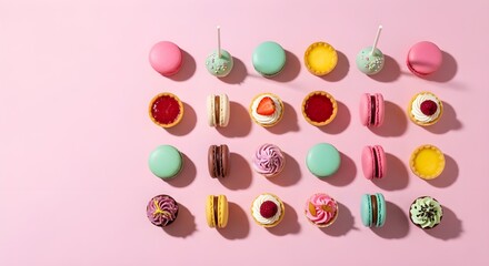 A top-down, flat lay shot displays a vibrant collection of miniature desserts artfully arranged in rows on a soft pink background. The assortment includes colorful French macarons in shades of pink
