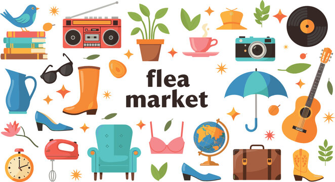 Flea market vintage items illustration set flat vector collection of retro objects and second hand goods isolated on light background