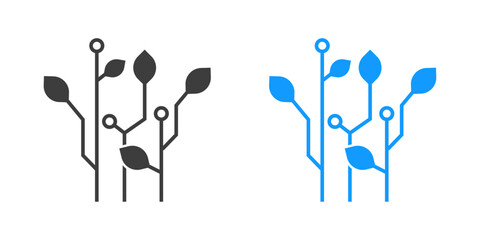 Stylized digital plant icon merging natural elements with circuit board designs, representing green technology, sustainable innovation, and biotech growth. Presented in dark gray and vibrant blue  © muhammad